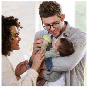 Parents holding a newborn with a birth certificate, representing child name registration and deed poll process