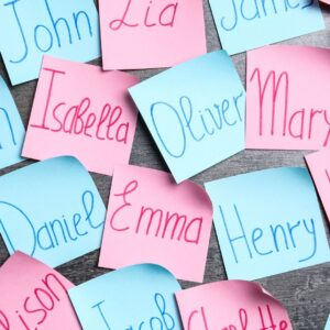 Elegant list of classic posh baby names written on post it notes.